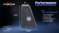 Proline X PO 12-P W S12T ported wedge enclosure, side profile with recessed terminal cup, 9.00 inch top, 14.64 inch base, 16 inches tall. Optimized for Image Dynamics IDMAX.