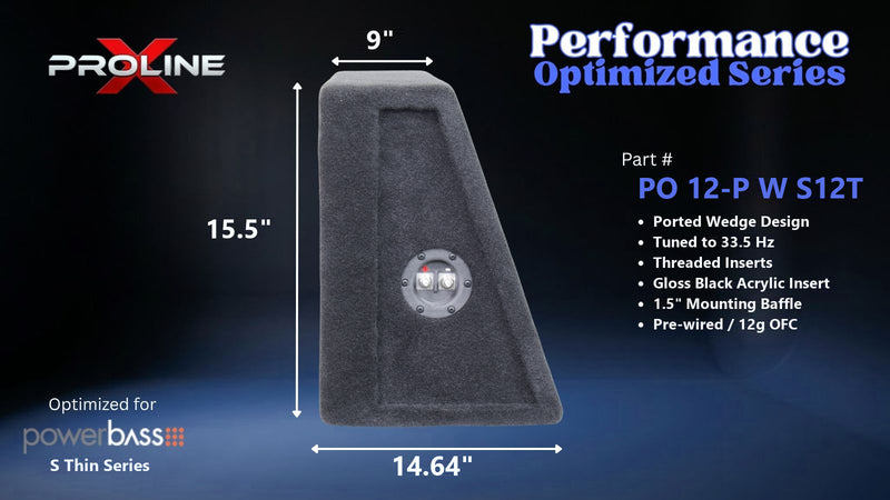Proline X PO 12-P W S12T ported wedge enclosure, side profile with recessed terminal cup, 9.00 inch top, 14.64 inch base, 16 inches tall. Optimized for Image Dynamics IDMAX.