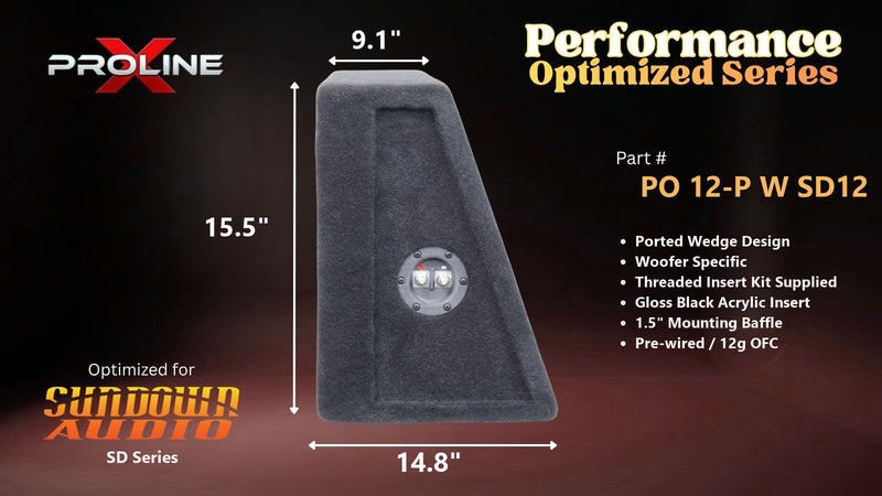 Proline X PO 12-P W SD12 ported wedge, side profile with recessed terminal cup, 14.77 inch base, 15.5 inches tall.