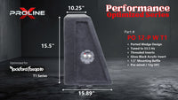 Proline X PO 12-P W T1 ported wedge enclosure, side profile with recessed terminal cup, 10.25 inch top, 15.89 inch base, 16 inches tall. Optimized for Image Dynamics IDMAX.