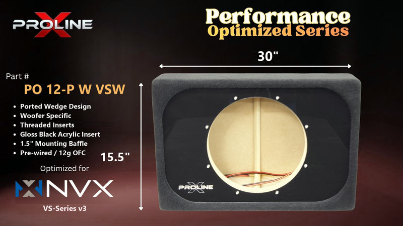 Proline X PO 12-P W VSW ported wedge, front baffle with gloss black insert and pre-wired leads, 30 by 15.5 inches.
