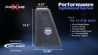 Proline X PO 12-P W X2V2 ported wedge, side profile with recessed terminal cup, 13.89 inch base, 15.5 inches tall.