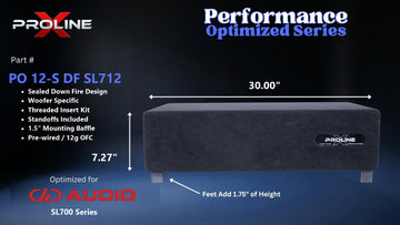 Proline X PO 12-S DF SL712 sealed down fire enclosure, front panel on 1.75 inch feet, 30 by 7.27 inches.