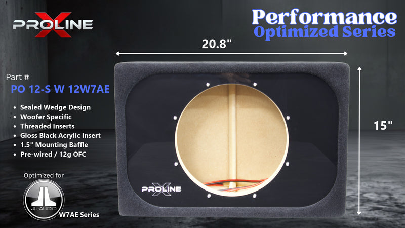 Proline X PO 12-S W 12W7AE sealed wedge, front baffle with gloss black insert and pre-wired leads, 20.8 by 15 inches.
