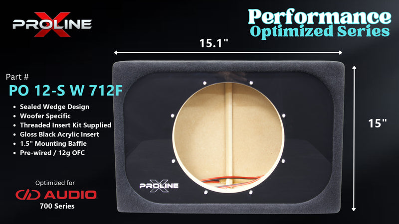 Proline X PO 12-S W 712F sealed wedge, front baffle with gloss black insert and pre-wired leads, 15.12 by 15 inches.