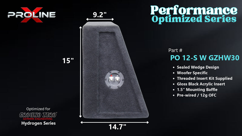 Proline X PO 12-S W GZHW30 sealed wedge, side profile with recessed terminal cup, 14.70 inch base, 15 inches tall.