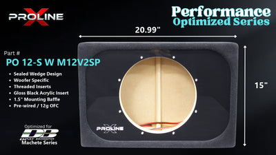 Proline X PO 12-S W M12V2SP sealed wedge, front baffle with gloss black insert and pre-wired leads, 20.99 by 15 inches.