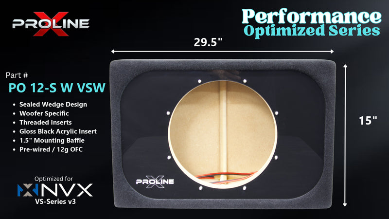 Proline X PO 12-S W VSW sealed wedge, front baffle with gloss black insert and pre-wired leads, 29.5 by 15 inches.