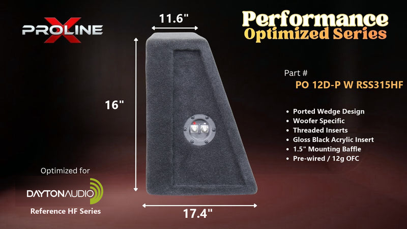 Proline X PO 12D-P W RSS315HF dual ported wedge, side profile with the port mouth, 17.4 inch base, 16 inches tall.