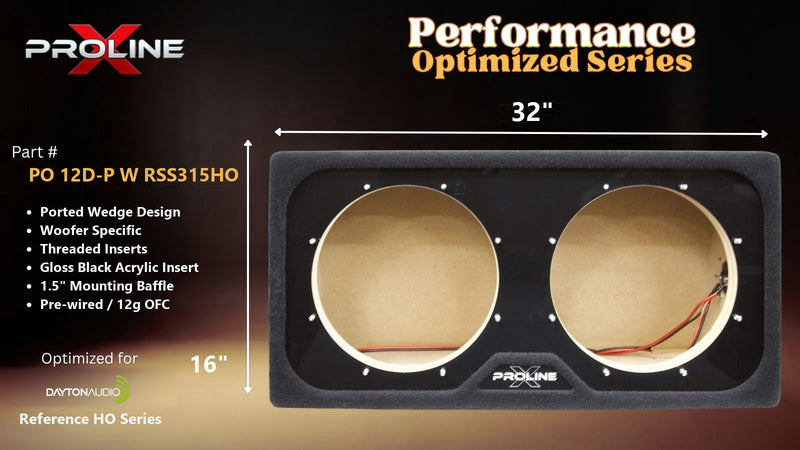 Proline X PO 12D-P W RSS315HO dual ported wedge, front baffle with gloss black insert, 32 by 16 inches.