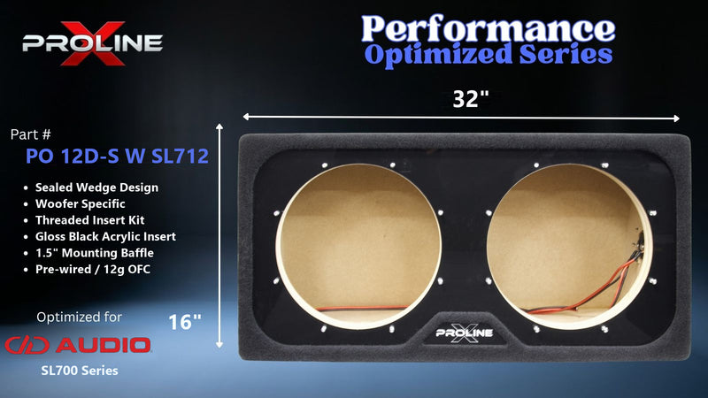 Proline X PO 12D-S W SL712 sealed wedge, front baffle with gloss black insert and pre-wired leads, 32 by 16 inches.