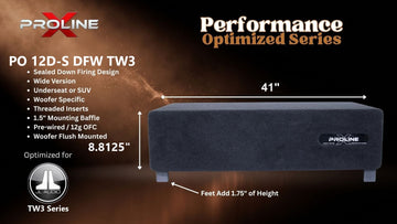 Proline X PO 12D-S DFW TW3 sealed down-fire wide enclosure for two JL Audio 12TW3, 41 inches wide by 8.8125 inches tall, feet add 1.75 inches of height.