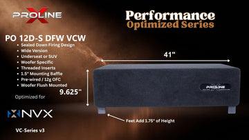 Proline X PO 12D-S DFW VCW sealed down-fire wide enclosure for two NVX VCW12v3, 41 inches wide by 9.625 inches tall, feet add 1.75 inches of height.