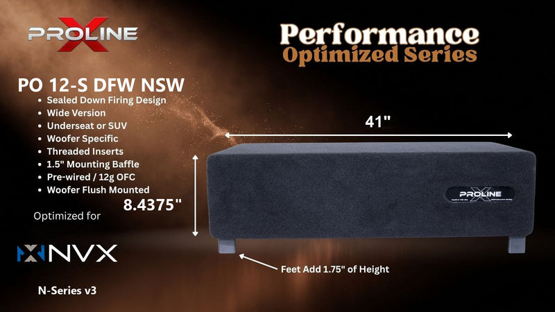 Proline X PO 12-S DFW NSW sealed down-fire wide enclosure for the NVX NSW12v3, 41 inches wide by 8.4375 inches tall, feet add 1.75 inches of height.