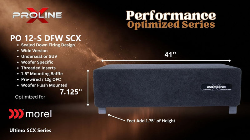 Proline X PO 12-S DFW SCX sealed down-fire wide enclosure for the Morel Ultimo SCX122, 41 inches wide by 7.125 inches tall, feet add 1.75 inches of height.