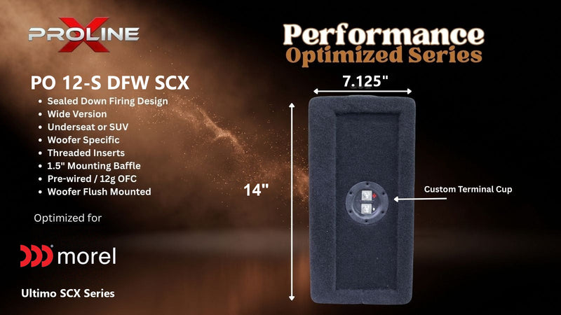 Proline X PO 12-S DFW SCX sealed down-fire wide enclosure, end panel with side-mounted terminal cup, 7.125 inches tall by 14 inches deep.