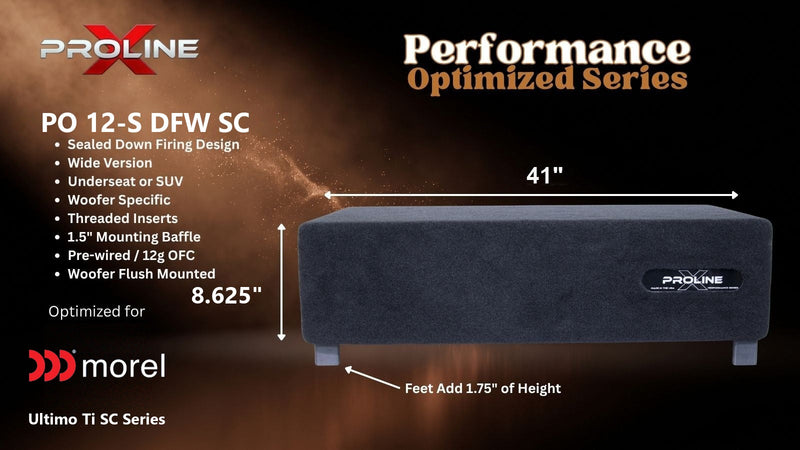 Proline X PO 12-S DFW SC sealed down-fire wide enclosure for the Morel Ultimo Ti SC122 / SC124, 41 inches wide by 8.625 inches tall, feet add 1.75 inches of height.