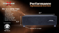 Proline X PO 12-S DFW TW3 sealed down-fire wide enclosure for the JL Audio 12TW3, 41 inches wide by 5.5 inches tall, feet add 1.75 inches of height.