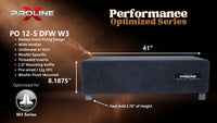 Proline X PO 12-S DFW W3 sealed down-fire wide enclosure for the JL Audio 12W3v3, 41 inches wide by 8.1875 inches tall, feet add 1.75 inches of height.