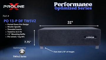 Proline X PO 13-P DF TW5V2 ported down fire enclosure, front panel on 1.75 inch feet, 31 by 7.75 inches.
