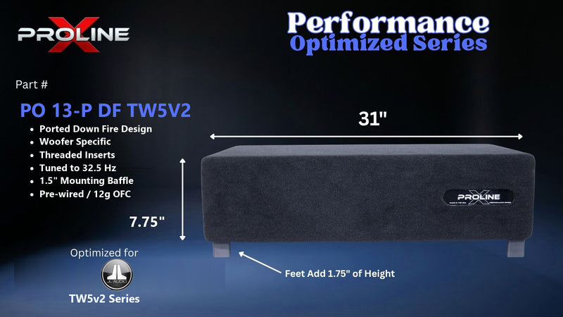 Proline X PO 13-P DF TW5V2 ported down fire enclosure, front panel on 1.75 inch feet, 31 by 7.75 inches.