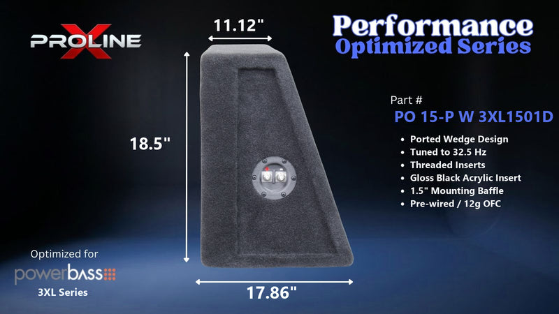 Proline X PO 15-P W 3XL1501D ported wedge enclosure, side profile with recessed terminal cup, 11.12 inch top, 17.86 inch base, 18 inches tall. Optimized for Image Dynamics IDMAX.