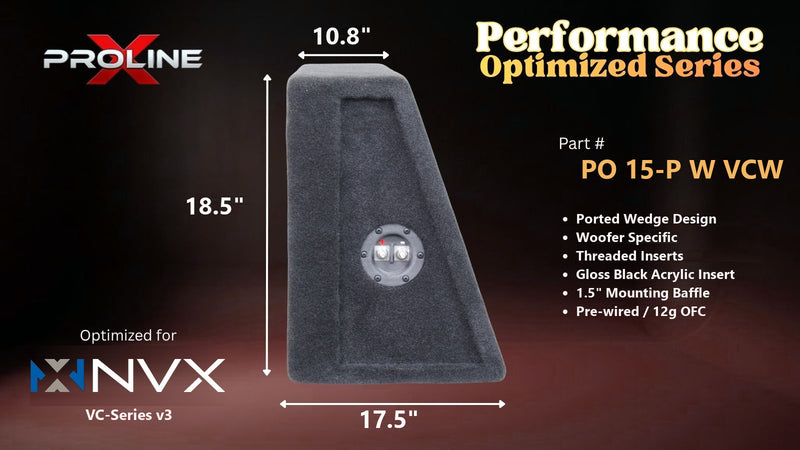 Proline X PO 15-P W VCW ported wedge, side profile with recessed terminal cup, 17.5 inch base, 18.5 inches tall.