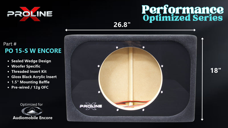 Proline X PO 15-S W ENCORE sealed wedge, front baffle with gloss black insert and pre-wired leads, 26.8 by 18 inches.