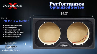 Proline X PO 15D-S W ENCORE sealed wedge, front baffle with gloss black insert and pre-wired leads, 34.2 by 18 inches.