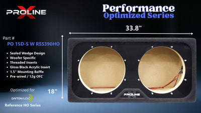 Proline X PO 15D-S W RSS390HO sealed wedge, front baffle with gloss black insert and pre-wired leads, 33.8 by 18 inches.