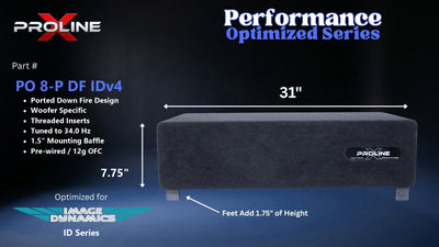 Proline X PO 8-P DF IDv4 ported down fire enclosure, front panel on 1.75 inch feet, 31 by 7.75 inches.