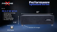 Proline X PO 8-P DF W1V3 ported down fire enclosure, front panel on 1.75 inch feet, 31 by 7.75 inches.
