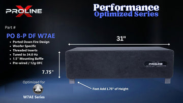 Proline X PO 8-P DF W7AE ported down fire enclosure, front panel on 1.75 inch feet, 31 by 7.75 inches.