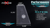 Proline X PO 8-P W IDQ ported wedge enclosure, side profile with recessed terminal cup, 8.62 inch top, 12.90 inch base, 12 inches tall. Optimized for Image Dynamics IDMAX.