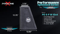 Proline X PO 8-P W IDv4 ported wedge enclosure, side profile with recessed terminal cup, 7.75 inch top, 12.03 inch base, 12 inches tall. Optimized for Image Dynamics IDMAX.