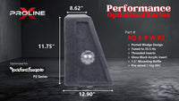 Proline X PO 8-P W P2 ported wedge enclosure, side profile with recessed terminal cup, 8.62 inch top, 12.90 inch base, 12 inches tall. Optimized for Image Dynamics IDMAX.