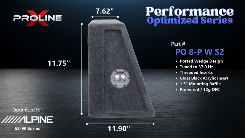 Proline X PO 8-P W S2 ported wedge enclosure, side profile with recessed terminal cup, 7.62 inch top, 11.90 inch base, 12 inches tall. Optimized for Image Dynamics IDMAX.
