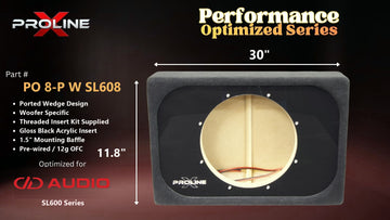 Proline X PO 8-P W SL608 ported wedge, front baffle with gloss black insert and pre-wired leads, 30 by 11.75 inches.