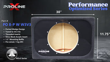 Proline X PO 8-P W W3V3 ported wedge enclosure, front baffle with gloss black acrylic insert and pre-wired leads, 30 by 12 inches. Optimized for Image Dynamics IDMAX.