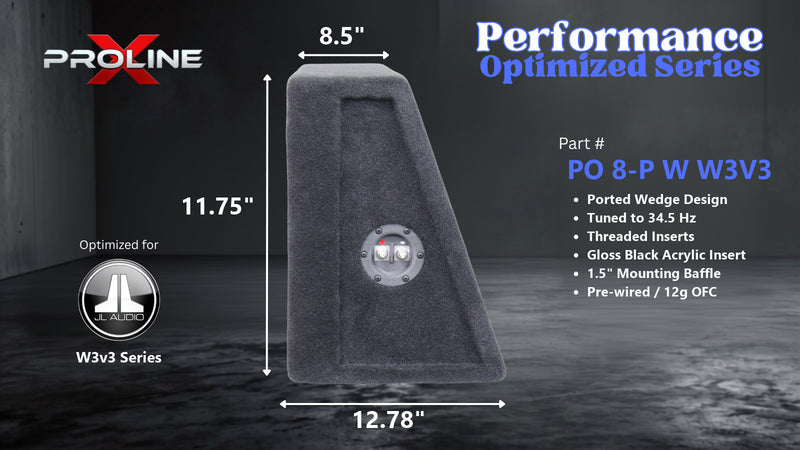 Proline X PO 8-P W W3V3 ported wedge enclosure, side profile with recessed terminal cup, 8.50 inch top, 12.78 inch base, 12 inches tall. Optimized for Image Dynamics IDMAX.