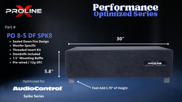 Proline X PO 8-S DF SPK8 sealed down fire enclosure, front panel on 1.75 inch feet, 30 by 5.8 inches.
