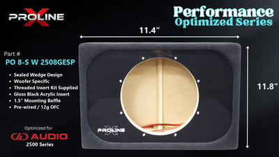 Proline X PO 8-S W 2508GESP sealed wedge, front baffle with gloss black insert and pre-wired leads, 11.45 by 11.75 inches.