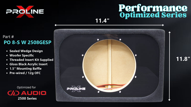 Proline X PO 8-S W 2508GESP sealed wedge, front baffle with gloss black insert and pre-wired leads, 11.45 by 11.75 inches.