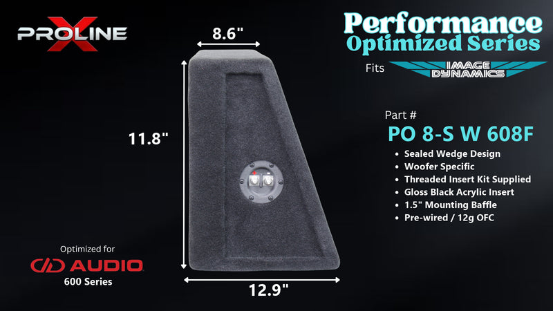 Proline X PO 8-S W 608F sealed wedge, side profile with recessed terminal cup, 12.87 inch base, 11.75 inches tall.