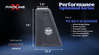 Proline X PO 8Q-S W GZHW20 quad 8 inch sealed wide wedge enclosure for the Ground Zero GZHW 20, side profile with top and base depth. 44" W x 13" H x 12.27" D at base tapering to 7.54" D at top.
