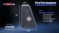 Proline X PO 8Q-S W L7X quad 8 inch sealed wide wedge enclosure for the Kicker Solo-Baric L7X 8, side profile with top and base depth. 44" W x 13" H x 19.87" D at base tapering to 15.14" D at top.