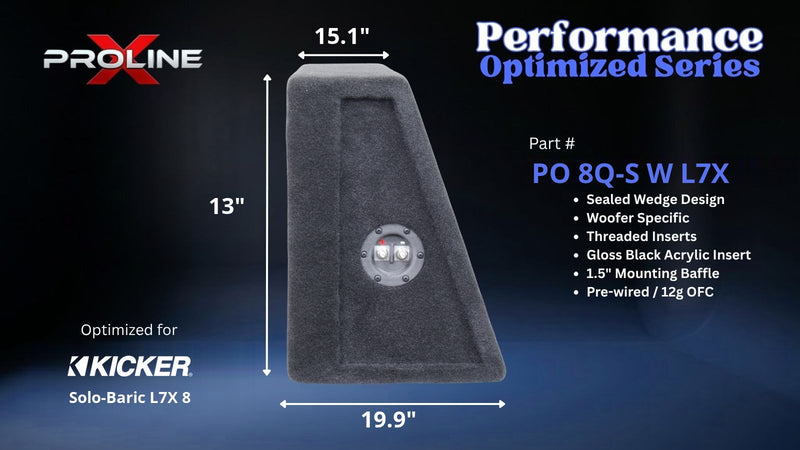 Proline X PO 8Q-S W L7X quad 8 inch sealed wide wedge enclosure for the Kicker Solo-Baric L7X 8, side profile with top and base depth. 44" W x 13" H x 19.87" D at base tapering to 15.14" D at top.