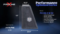 Proline X PO 8Q-S W S2 quad 8 inch sealed wide wedge enclosure for the Alpine S2-W8, side profile with top and base depth. 44" W x 13" H x 23.00" D at base tapering to 18.27" D at top.