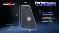 Proline X PO 8Q-S W S84 quad 8 inch sealed wide wedge enclosure for the PowerBass S-84, side profile with top and base depth. 44" W x 13" H x 11.84" D at base tapering to 7.10" D at top.
