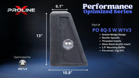 Proline X PO 8Q-S W W1V3 quad 8 inch sealed wide wedge enclosure for the JL Audio 8W1v3, side profile with top and base depth. 44" W x 13" H x 10.79" D at base tapering to 6.06" D at top.